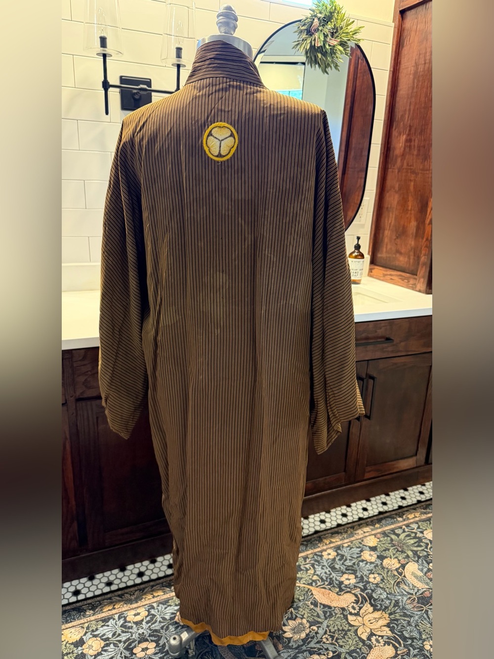 Vintage Japanese Silk Kimono Maxi Robe Tokugawa Crest Tsumugi Striped AS IS - Picture 9 of 16